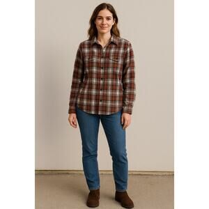 Amazon Essentials Women's Plaid Button Front Flannel Shirt Size XXL Brown Cream